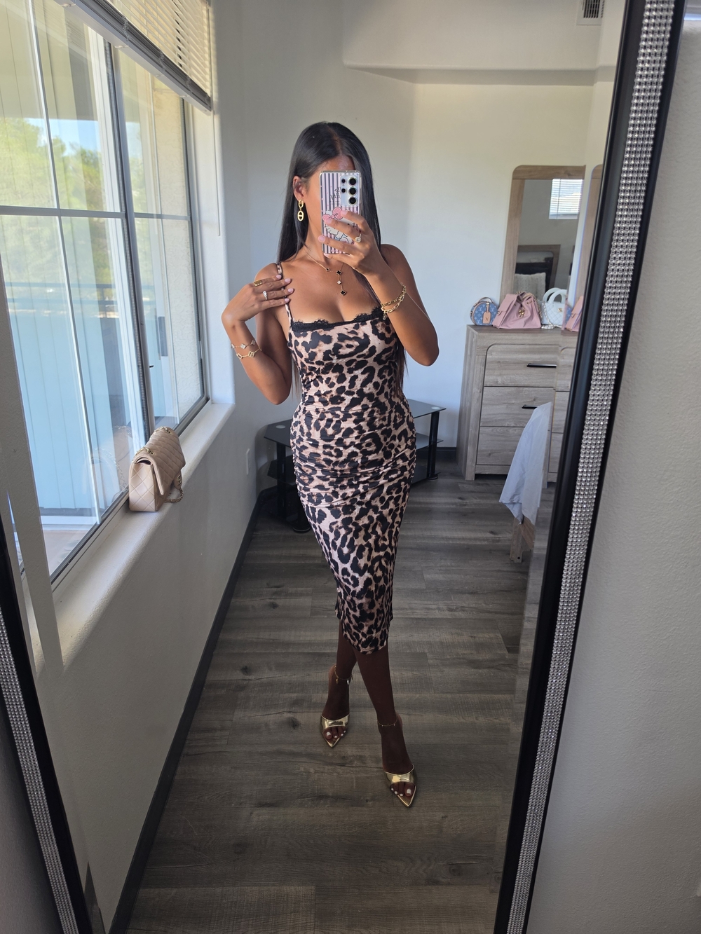 Leopard Print Slip Midi Dress - Nude/Black Very Stretchy - Picture 13 of 17